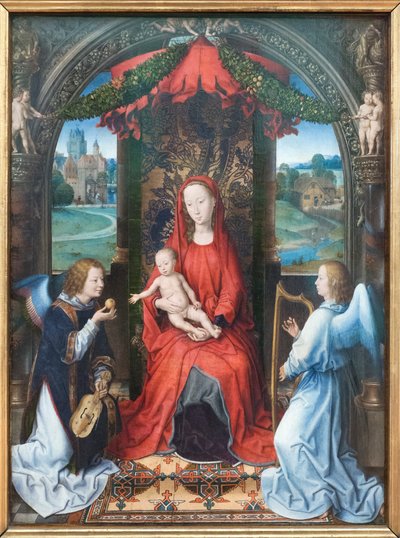 Madonna und Kind auf dem Thron mit Engeln von Hans Memling