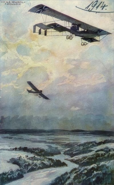 Militärdoppeldecker auf Erkundungsfahrt über dem Argonnerwald von Hans Rudolf Schulze