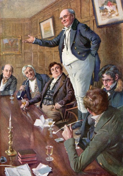 Mr. Pickwick spricht den Club an von Harold Copping