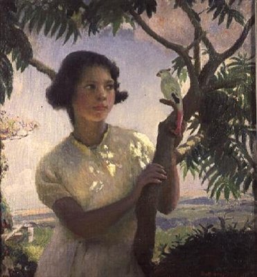 Mädchen mit einem Spielzeugpapagei von Harold Harvey