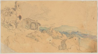 Gebirgslandschaft mit Hütte und Ruine von Heinrich Burkel