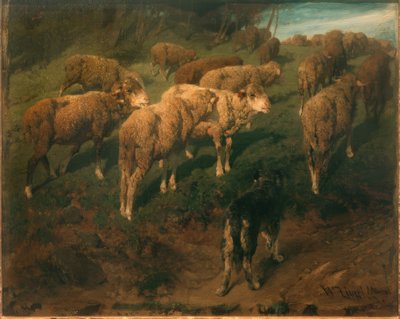 Schafe mit schwarzem Hund von Heinrich von Zügel