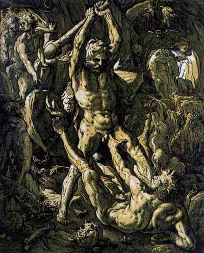 Herkules erschlägt Cacus von Hendrik Goltzius