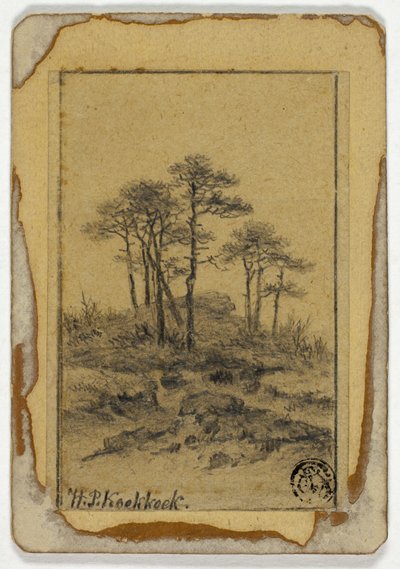 Bäume auf felsigem Hügel von Hendrik Pieter Koekkoek
