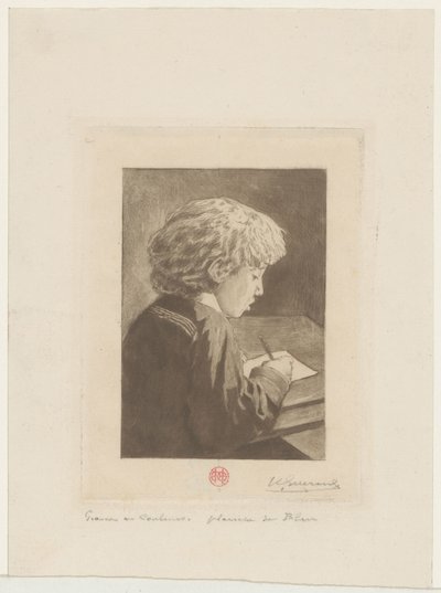 Schreibender Junge von Henri Charles Guérard (signed by artist)