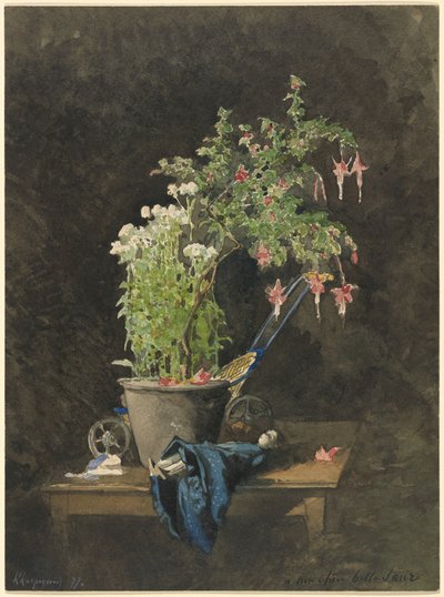 Ein getopfter Fuchsie mit Kinderspielzeug von Henri Joseph Harpignies