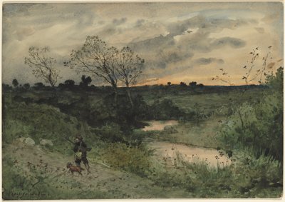 Morgendämmerung - Jäger mit Hund, 1882 von Henri Joseph Harpignies