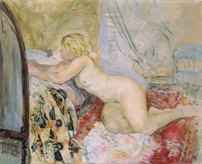 Nackte, die gegen ein Bett liegt von Henri Lebasque