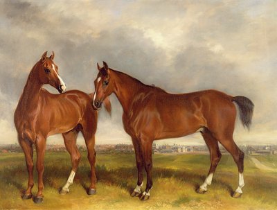 Jäger in einem Paddock, eine Stadt im Hintergrund von Henry Calvert