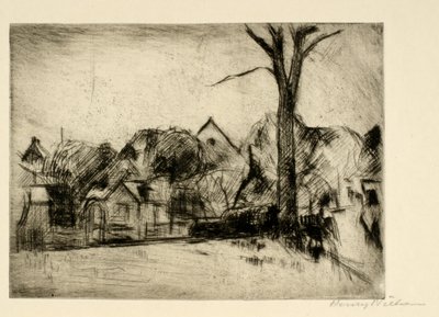 Landschaft mit hohem Baum und Häusern von Henry Nielsen