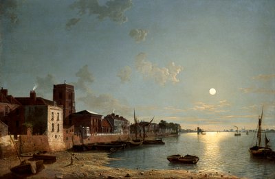 Cheyne Walk in Chelsea, bei Mondschein, ca. 1850 von Henry Pether