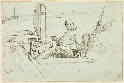 Mann sitzt in einem Segelboot von Henry Stacy Marks