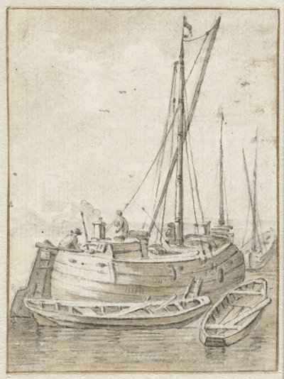 Boot mit zwei Ruderbooten von Herman Saftleven