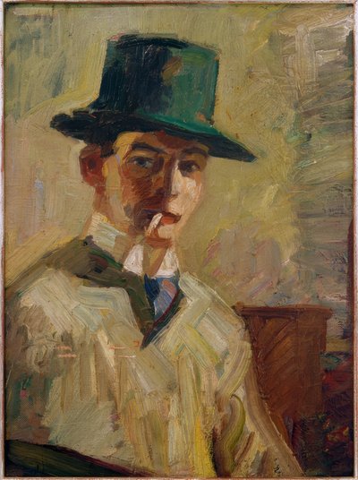 Selbstbildnis mit hohem Hut und Zigarette von Hermann Stenner