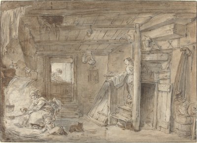 Innenraum eines Bauernhauses mit Figuren von Hubert Robert