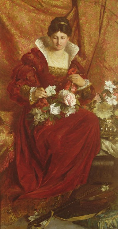 Eine Dame arrangiert Blumen von Hubert von Herkomer