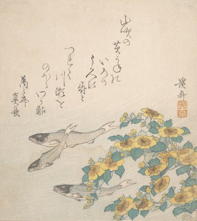 Fische schwimmen mit gelben Blumen, ca. 1830 von Ikeda Eisen