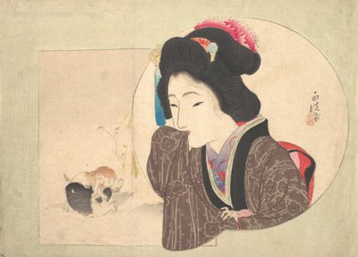 Druck [Frau und Welpen], frühes bis mittleres 19. Jahrhundert von Ikeda Eisen
