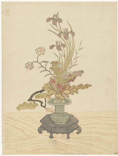 Ikebana-Blumenarrangement in grüner Vase von Ippitsusai Bunchô (manner of)