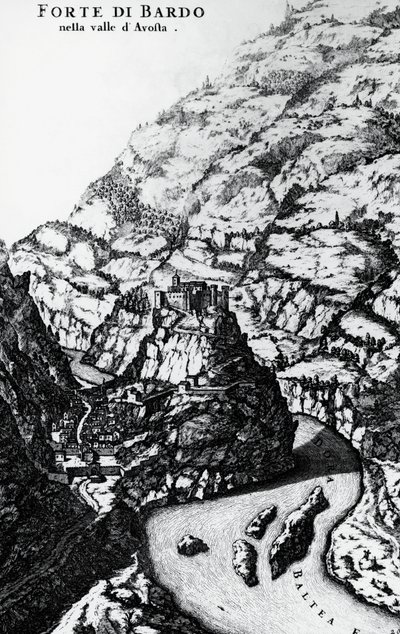 Fort Bard, Gravur aus Theatrum Sabaudiae von Italian School