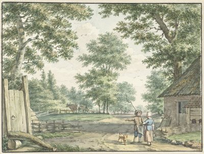 Landschaft mit zwei Personen bei einem Bauernhaus von Izaak Schmidt