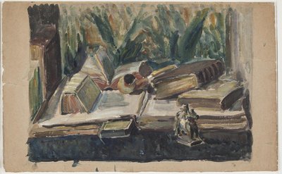 Stillleben mit Büchern, Pfeife und Figur von J.A. Jerichau