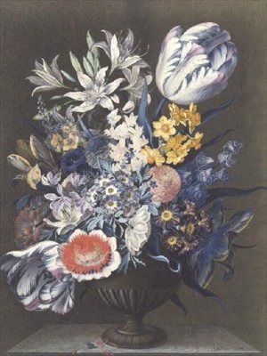 Urne mit Blumen auf einem Marmortisch von J.A. Simson