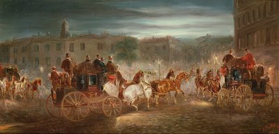 Abendliche Kutschenszene in einer Stadt von J.J. Jones