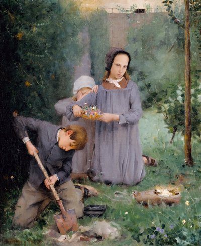 Kinder begraben einen Vogel von J. Alden Weir