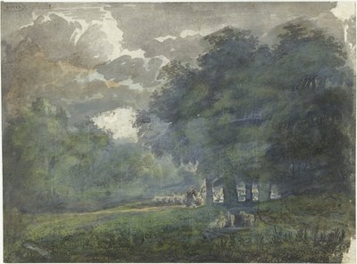 Hirten mit Herde in waldreicher Landschaft von Jacob van Liender