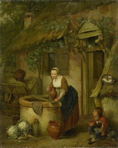 Frau, die Wasser aus einem Brunnen schöpft von Jacobus Johannes Lauwers