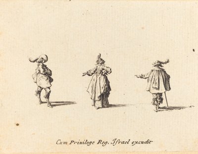 Dame mit ausgestrecktem Arm und zwei Herren von Jacques Callot