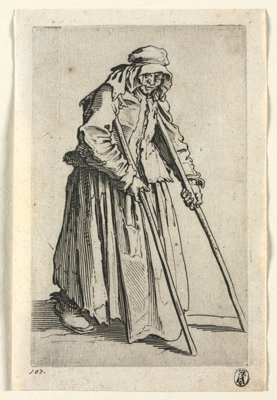 Die Bettler: Bettlerfrau auf Krücken von Jacques Callot