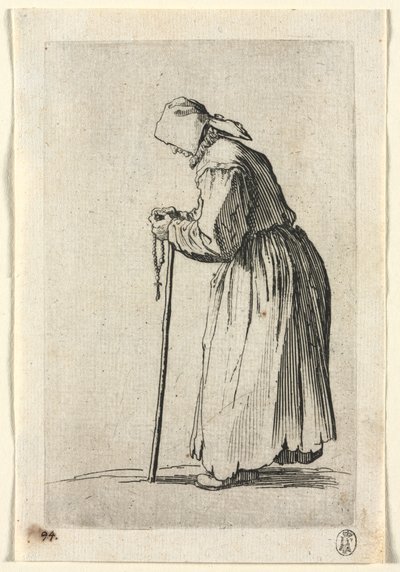 Die Bettler: Bettlerin mit Rosenkranz von Jacques Callot