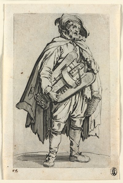 Die Bettler: Der Drehorgelspieler, um 1623 von Jacques Callot