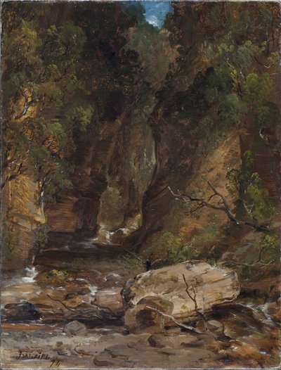 Felsen und Bäume mit Bach von James B. Dalziel