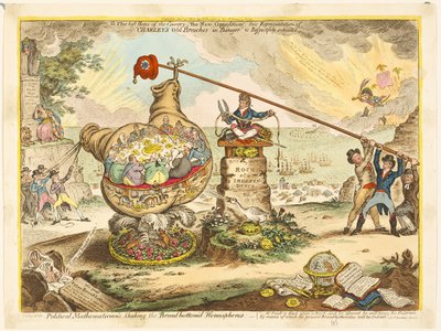 Politische Mathematiker, die breiten bodenständigen Hemisphären schüttelnd von James Gillray