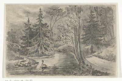 Waldweg bei einem Teich mit Enten von Jan Bos Wz.