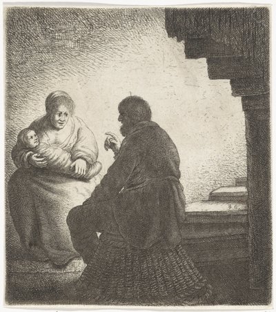 Familie sitzt bei einer Wendeltreppe von Jan Gillisz. van Vliet