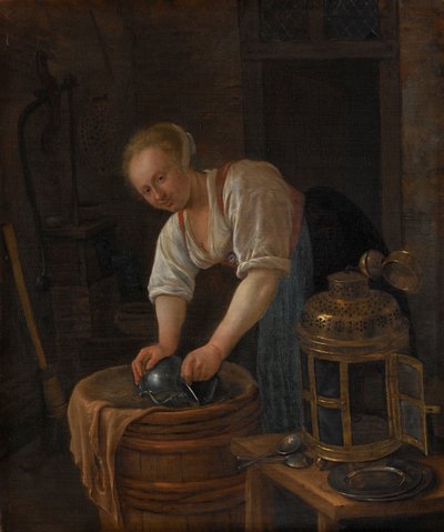 Frau, die Metallwaren scheuert von Jan Havicksz. Steen