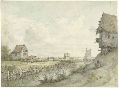 Flusslandschaft mit zeichnendem Künstler zwischen Hütten von Jan Hulswit