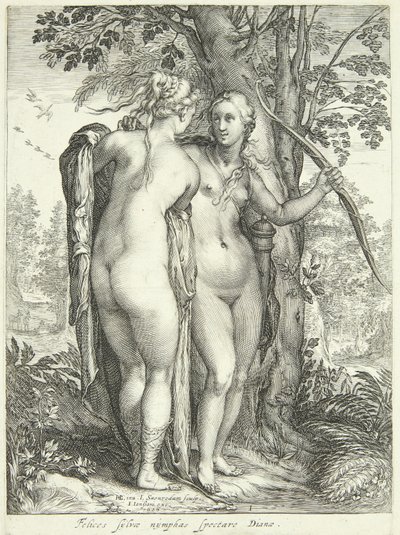 Diana und eine Nymphe bei einem Baum von Jan Saenredam