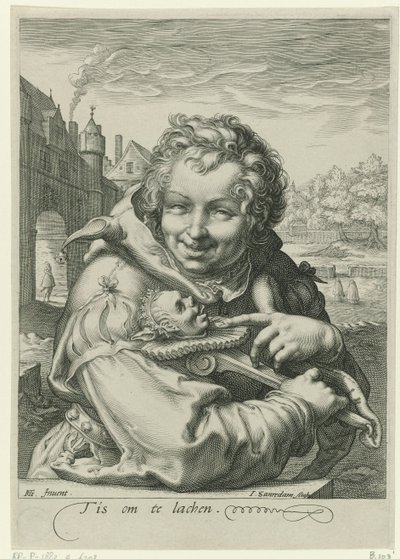 Lachender Narr mit einem Stab von Jan Saenredam