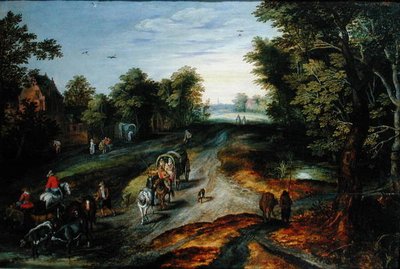 Landschaft mit einem Dorfweg von Jan studio of Brueghel