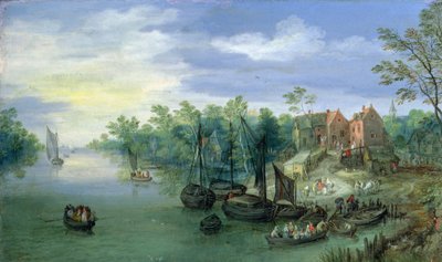 Flussfahrzeuge in der Nähe eines Stegs, 1597 von Jan the Elder Brueghel