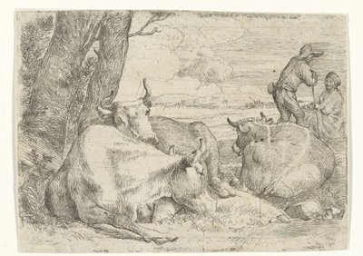 Drei Kühe und zwei Hirten von Jan van Ossenbeeck