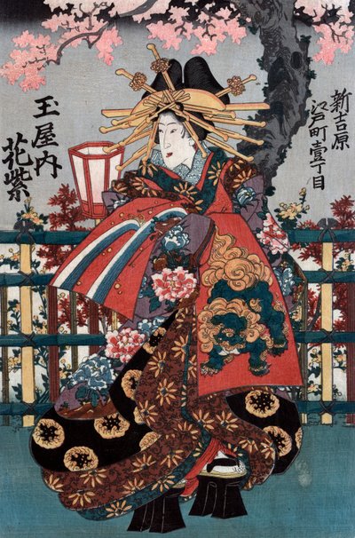 Linkes Panel eines japanischen Kurtisanen-Triptychons von Japanese School