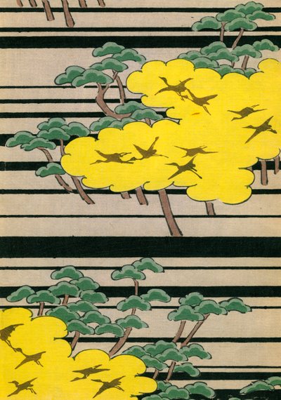 Gelbe und grüne Bäume mit Kranichen von Japanese School