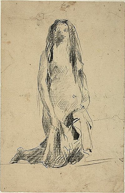 Kniende nackte Frau mit Draperie von Jean Baptiste Carpeaux