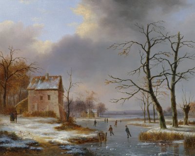 Schlittschuhlaufen auf einem zugefrorenen Fluss von Jean Baptiste Coene